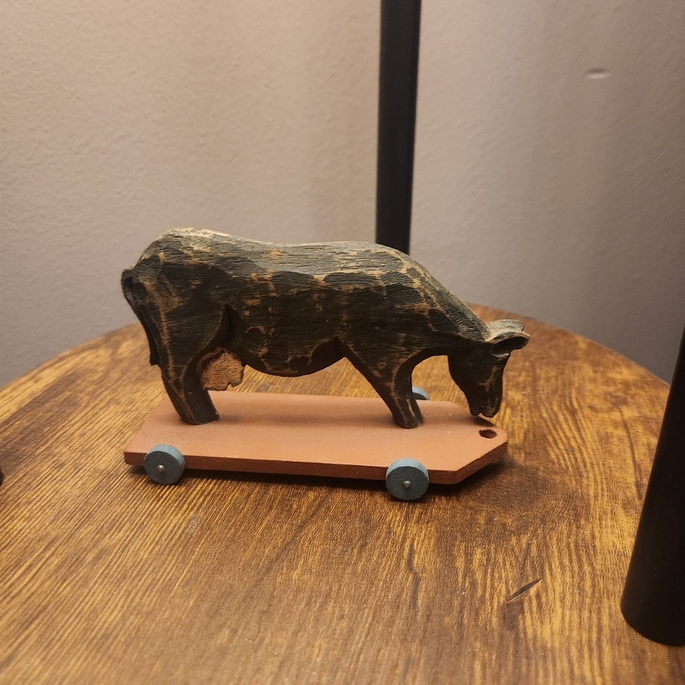Vintage Wooden Cow Pull Figurine